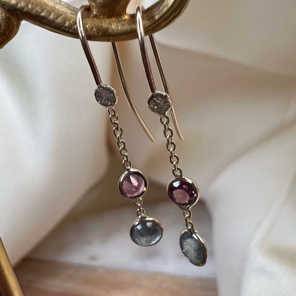 Blue and purple Sapphire and Diamond  Dangle Earrings in 14KYellow Gold 1.0" - Picture 2 of 10
